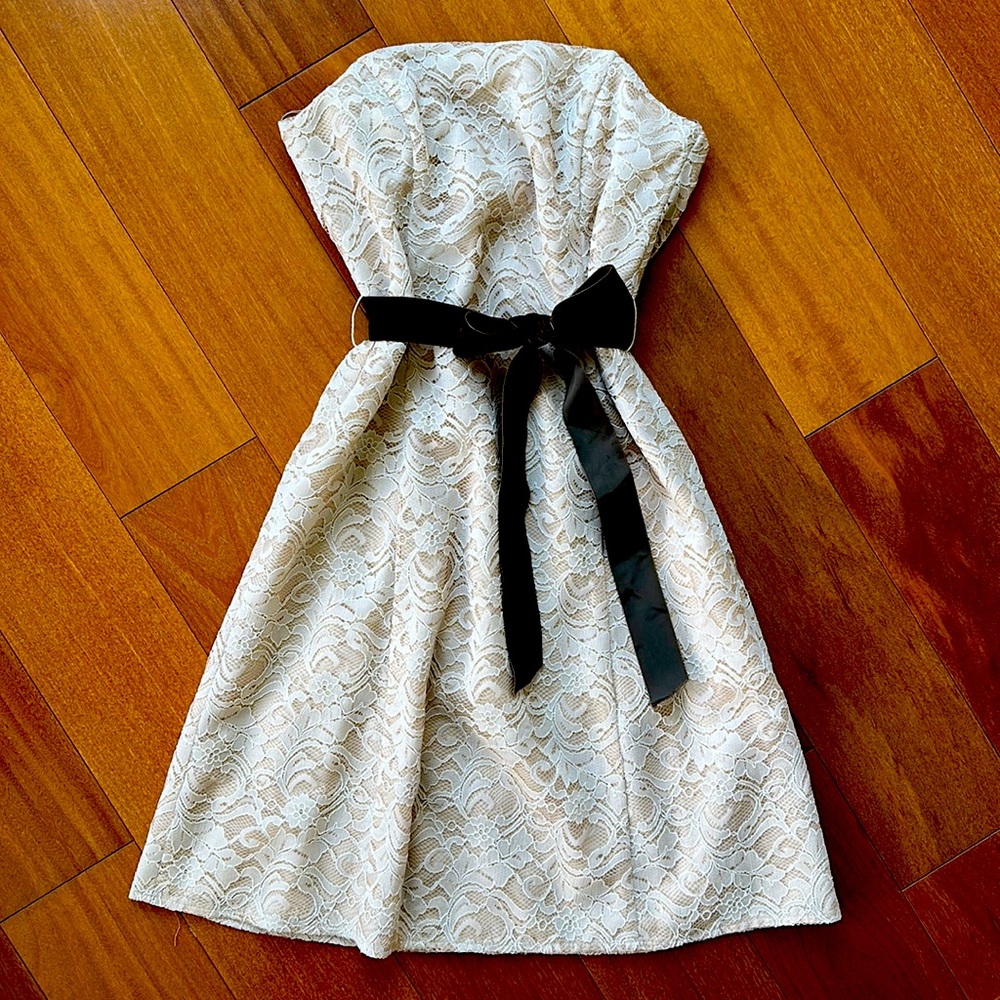 Strapless cream lace cocktail dress